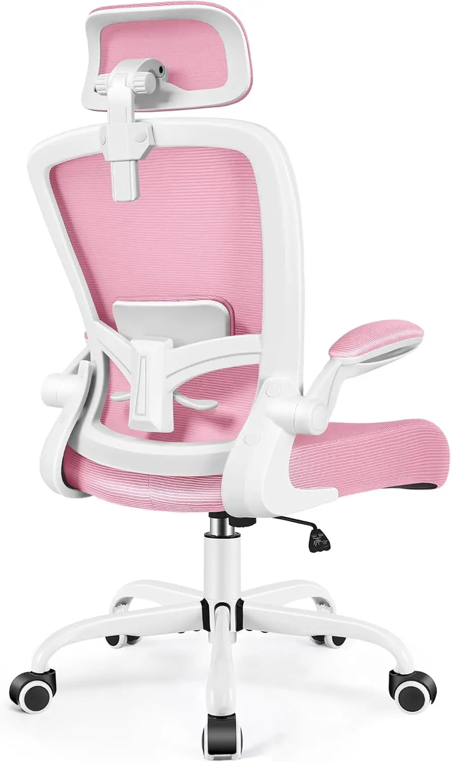 كرسي مكتب، كرسي ألعاب مريح بارتفاع قابل للتعديل مع دعم قطني، مسند ذراع عالي الظهر كرسي دوار للمكتب المنزلي باللون الوردي