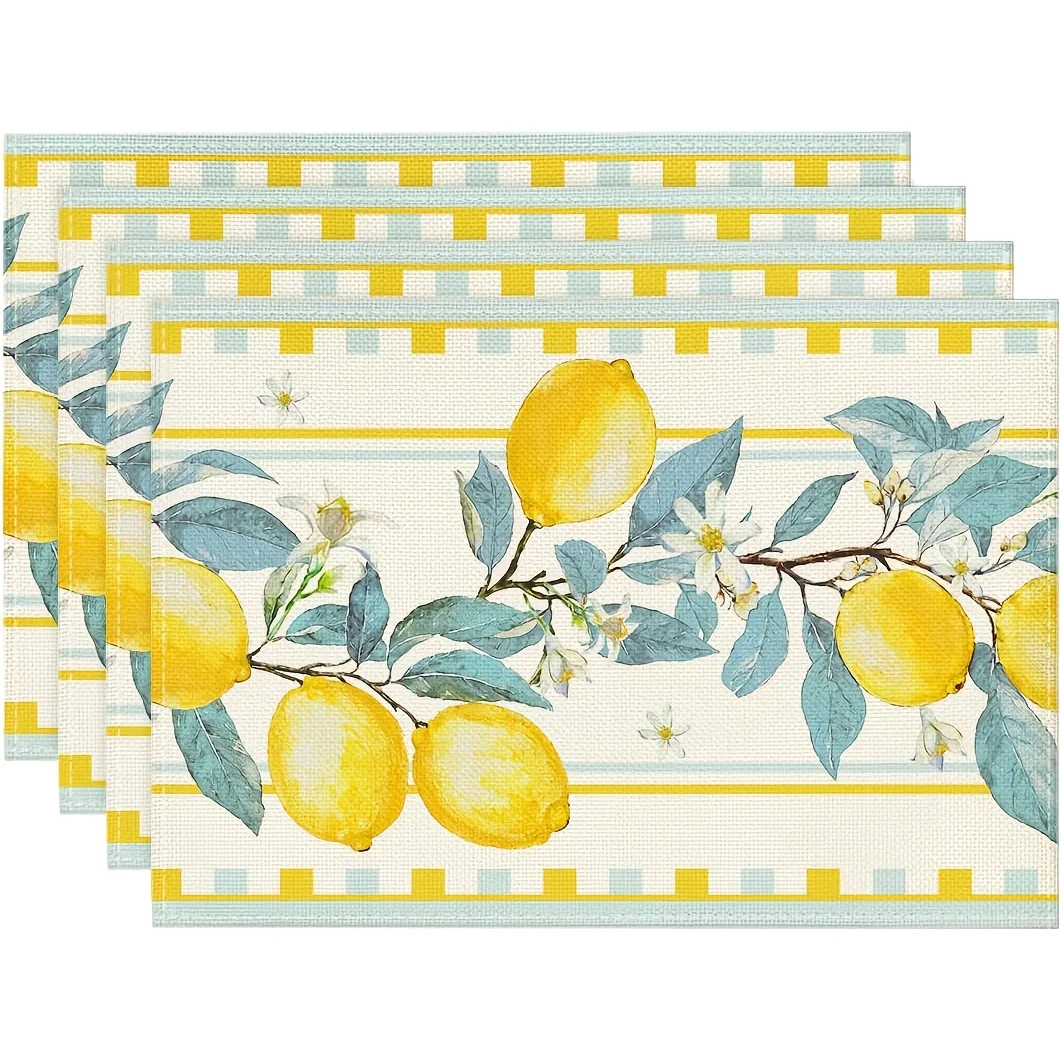 4/6/8pc Summer Lemon Blue Yellow Striped Linen Placemats Bright Citrus Kitchen Dining Table Decor Washable Heat Resistant