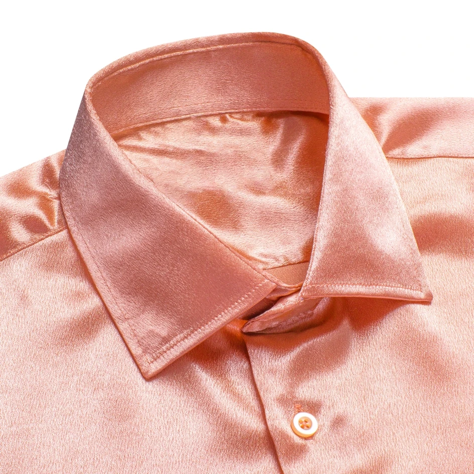 Hi-Tie Mens Shirts Windsor Salmon Pink Silk Satin Collar Long Sleeve Solid Social Dress Suit Shirt for Male Wedding Business XXL