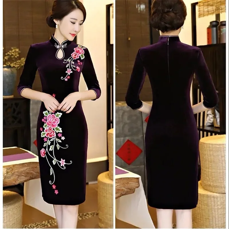 Sukienka Cheongsam z haftowanego złotego aksamitu, elegancka sukienka welurowa w stylu chińskim dla kobiet, duży rozmiar, długa, elegancka dla mamy XQ82