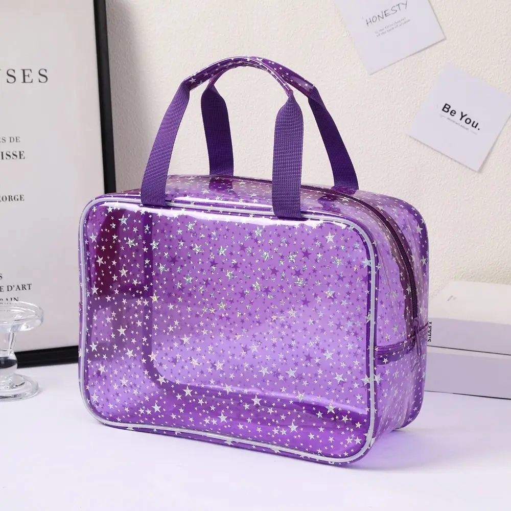 PVC Waterproof Transparent Makeup Bag Stars pattern Glitter Portable Cosmetic Pouch with Handle Smooth zipper Women's Washbag