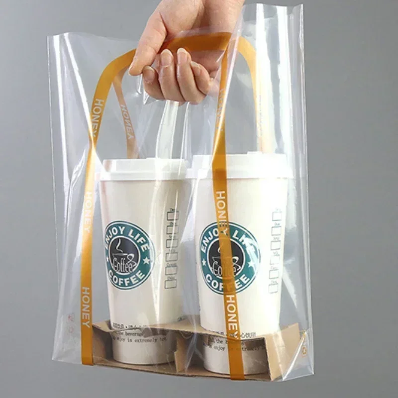 50pcs Single Cup Double Cups Milk Tea Packaging Bag Disposable Beverage Coffee Cup Bag Handheld Bag for Takeout Packaging pouch