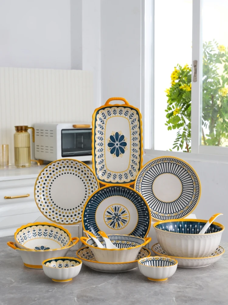nordic-style-ceramic-bowl-set-japanese-aesthetic-dinnerware-wedding-gift-moving-gift-hand-painted-illustration-food-safe