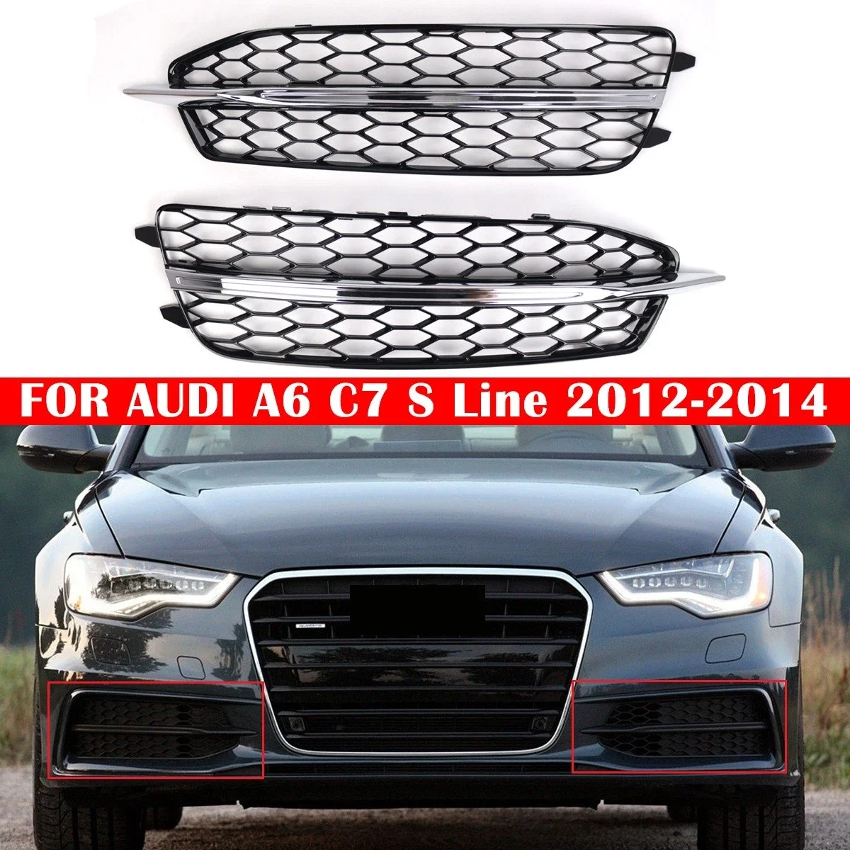 Pair Front Bumper Fog Light Grille Honeycomb Hex Grill Cover Gloss Black 4G0807681D,4G0807682D For Audi A6 C7 S Line S6 11~2014