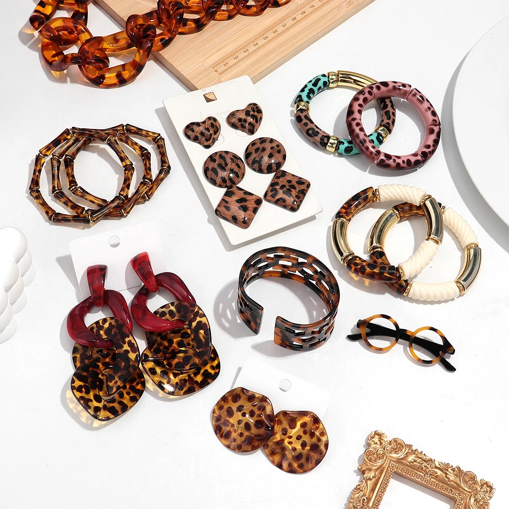 Trendy Leopard Geometric Earrings Elastic  Beads Bracelets Chunky Choker Necklaces Fashion Jewelry Gifts for Women