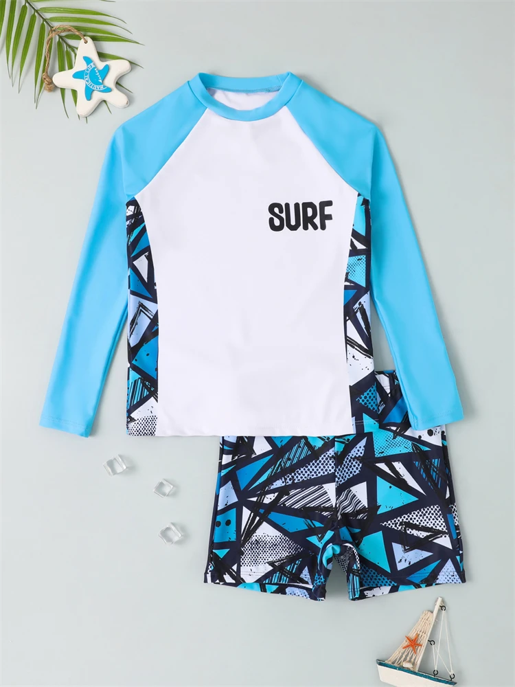 Boy Swimsuit 2024 New Geometry Print Long Sleeve Children Swimwear Summer Two Piece Kids Beach Wear Swimming Bathing Suit Men's