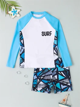 Boy Swimsuit 2026 New Geometry Print Long Sleeve Children Swimwear Summer Two Piece Kids Beach Wear Swimming Bathing Suit Men's