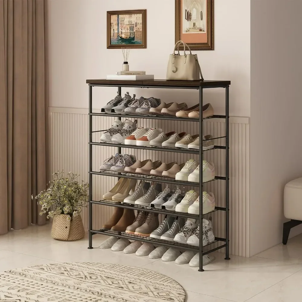 

Shoe Rack Organizer 6 Tier for Closet Entryway Free Standing Metal Storage Shoes Shelf with MDF Top Board Black