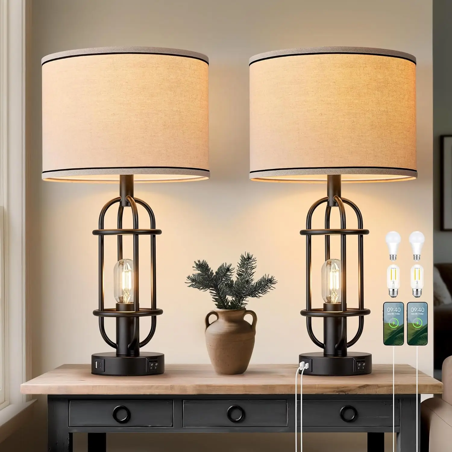 

Set of 2 Black Farmhouse Table Lamps with USB Ports and Bulbs for Living Room or Bedroom