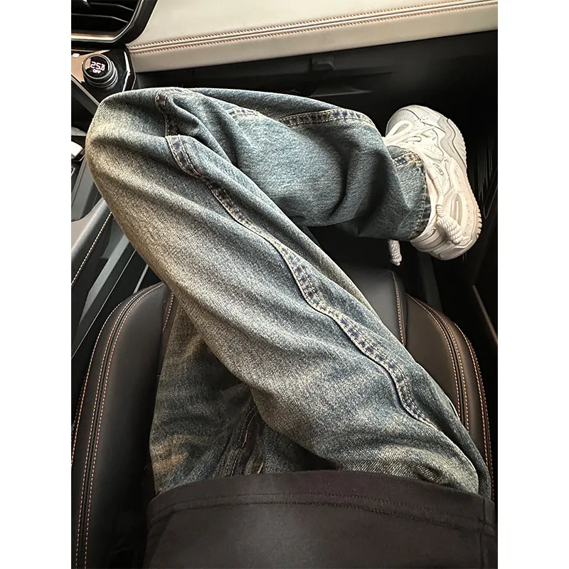

American High Street Vibe Vintage Waed Loose Fit Straight Leg Jeans Men's Clean Fit Pants Youth Trendy Cotton Long Trousers