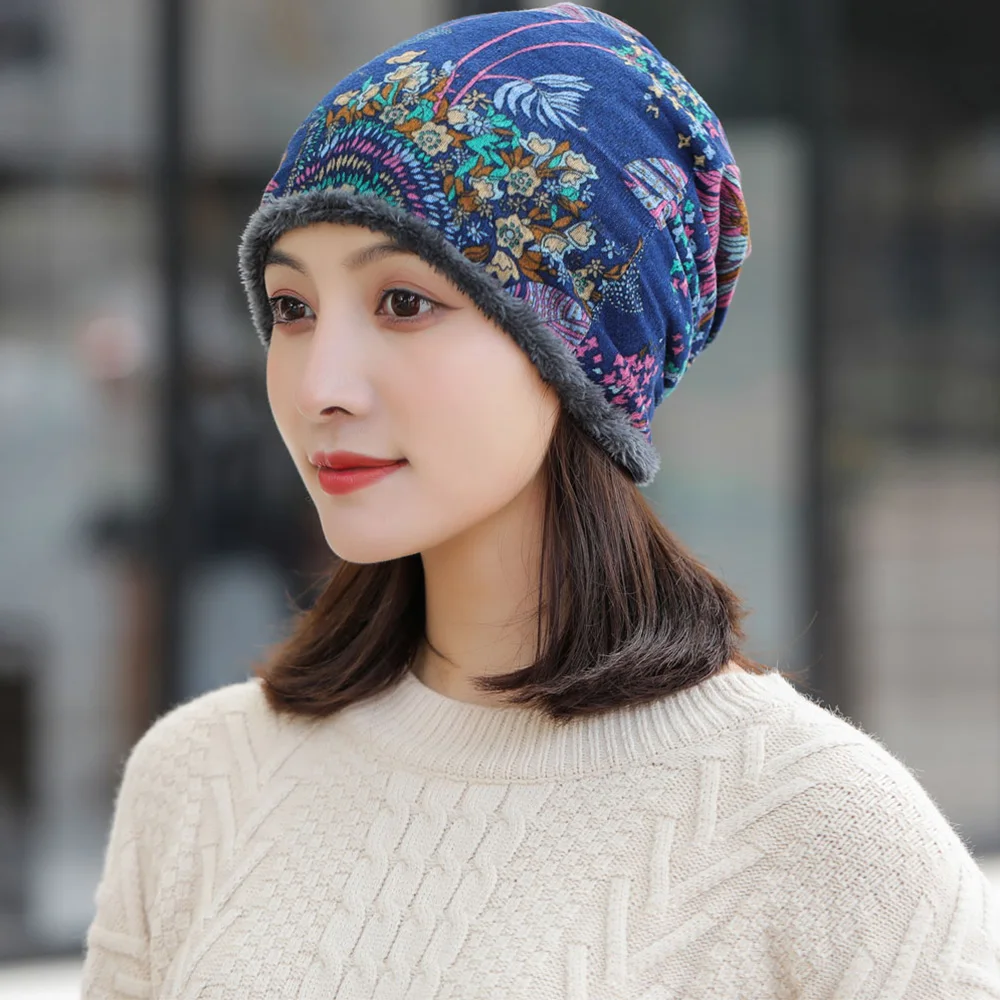 

Soft Winter Multifunctional Soft Warmer Print Flower Beanie Women Hat Bib Hats Velvet Bonnet