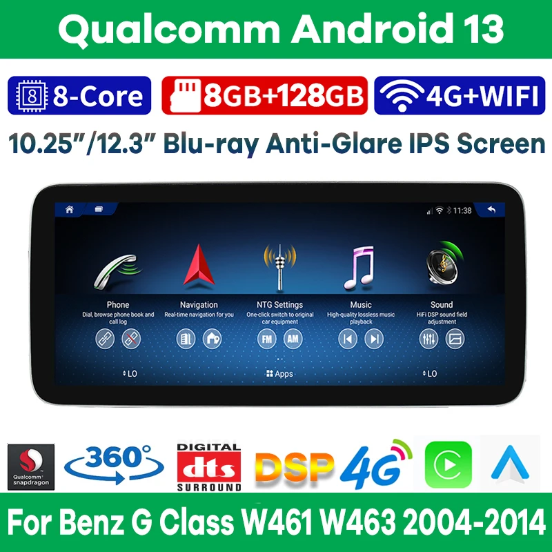 Qualcomm 8+128G Android 13 Car Multimedia for Mercedes Benz G Class W461 W463 2004-2014 Auto Radio Stereo Video GPS CarPlay 4G