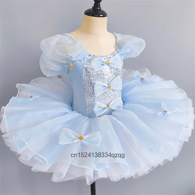 

Новый костюм для балерины, синее платье с пайетками и цветами для девочек, танцевальное платье для гимнастики, балетное платье-туту для девочек.