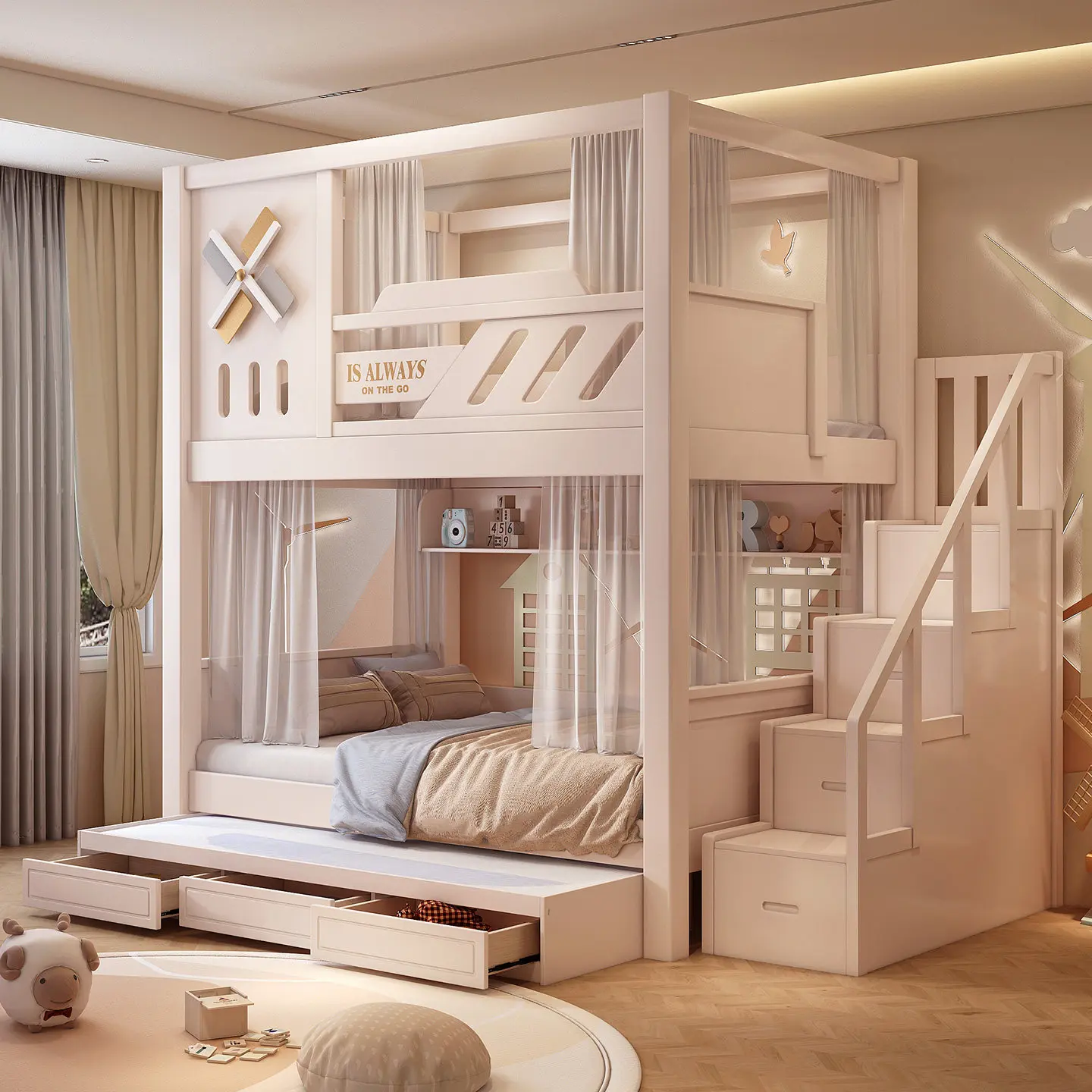 

Высокие и низкие кровати из массива дерева. Детские верхние и нижние кровати с ящиками для хранения вещей. Лестничные двухъярусные кровати. Многофункциональный комбинированный вариант.