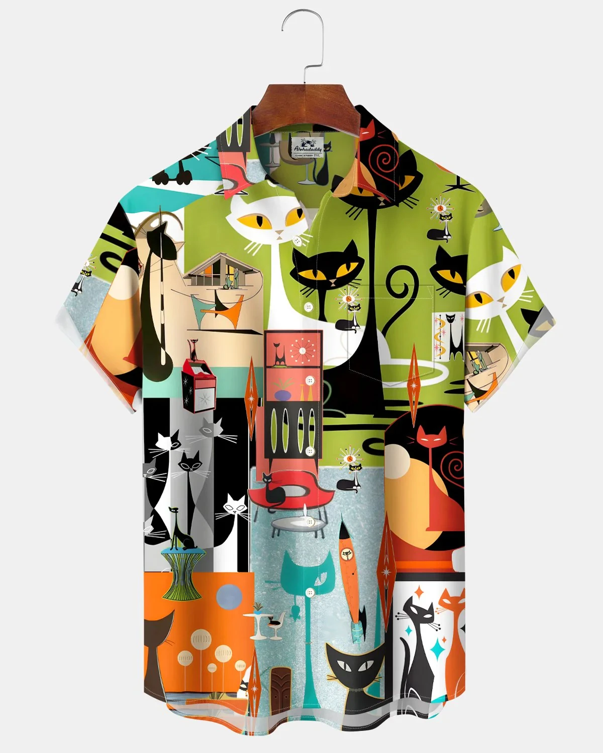 

Men's Cute Cat Cartoon Geometric Print Hawaiian Shirt Short Sleeve Casual Beach Vacation Summer Button-Up Top