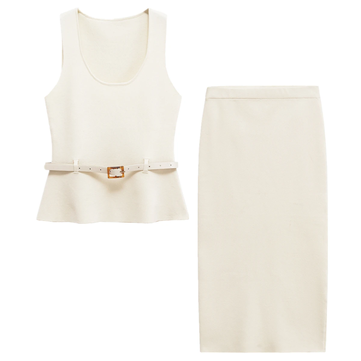 

Dave&Di Nordic Minimalist Beige Elegant Tank Top Skirt Suit Sleeveless Lnitted T-shirt With Belt Straight Skirt Two-piece Sets W