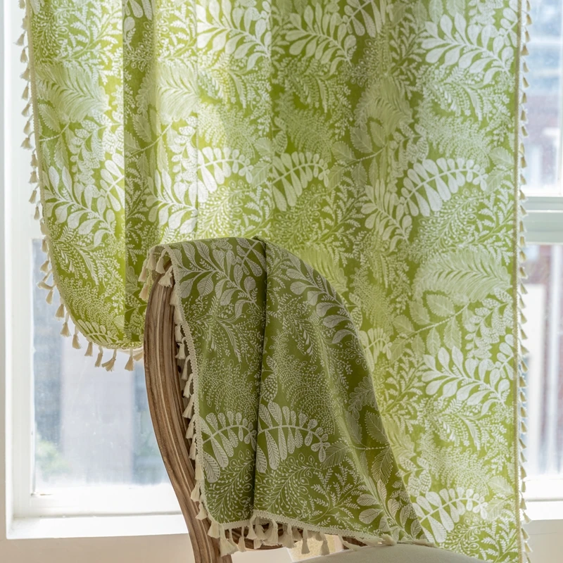 Greenery Flower American Style Kitchen Print Fringe Curtain Living Room Bedroom Semi-blackout Short Curtain Vintage Valance