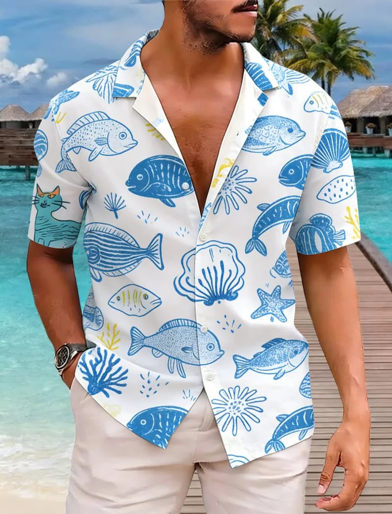 

Men's Classic Retro Ocean Animal Print Short Sleeve Shirt - Fish Jellyfish & Dinosaur Print Top For Beach And Daily Street Style