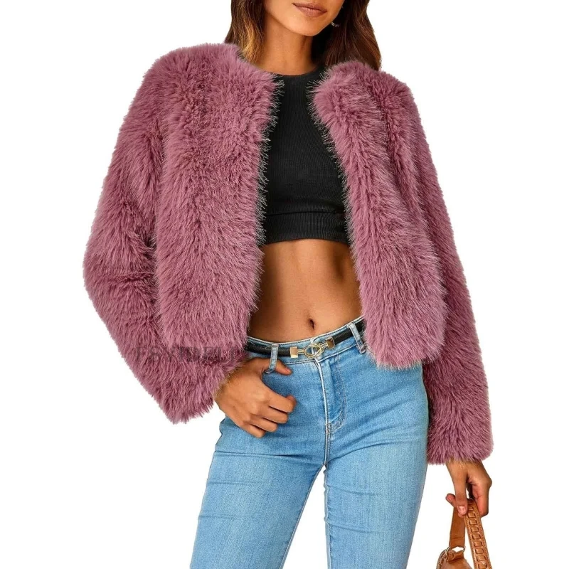 Cappotto corto fuzzy da donna in pelliccia sintetica a maniche lunghe con apertura sul davanti Dropshipping