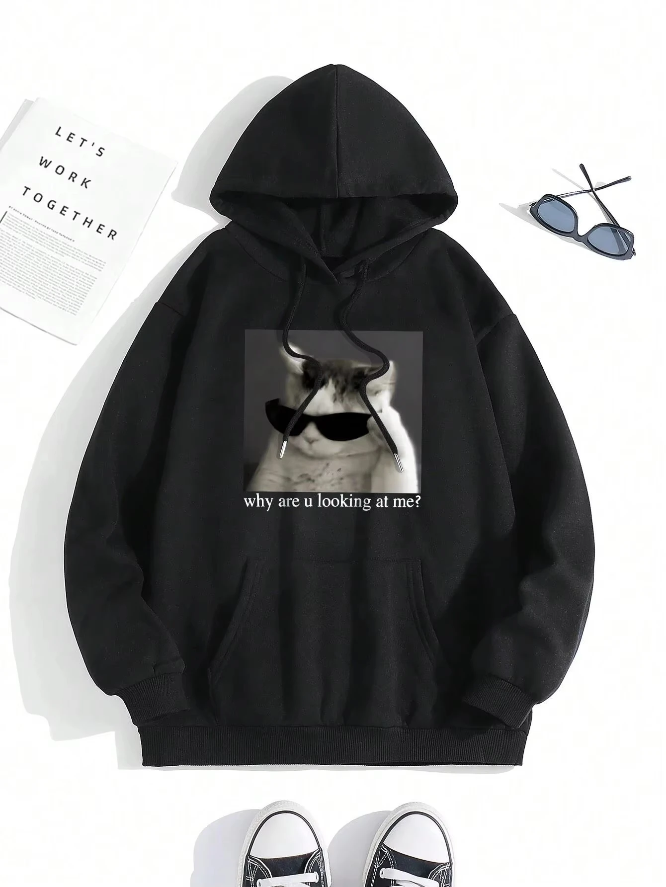 

Why Are U Looking At Me Print Hoody Men Fashion Casual Sweatshirt Simple Loose Hooded Autumn Warm Fleece Tracksuit Women' S Top