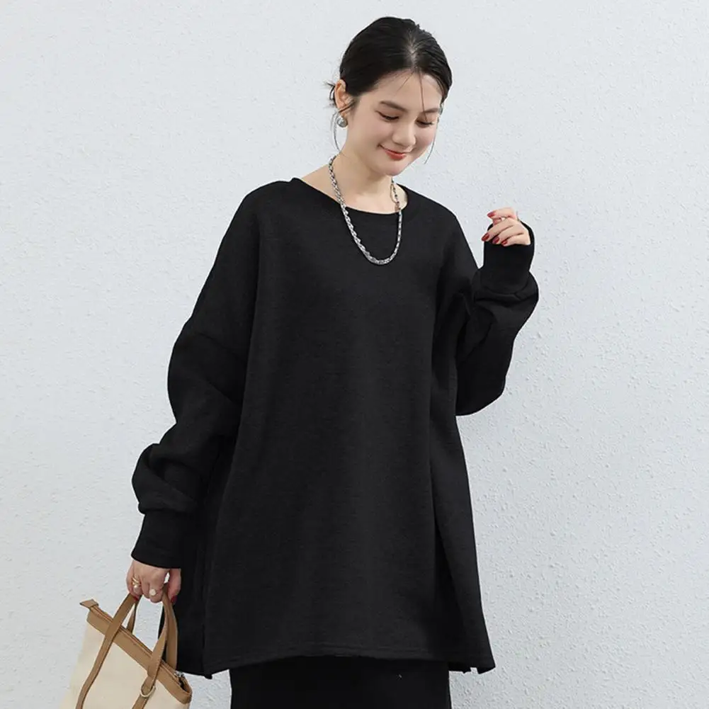 Winter Sweatshirt Top Cozy Plush-lined Women's Sweatshirt with Slit Hem Elastic Cuffs Mid Length Pure Color Pullover Daily Top