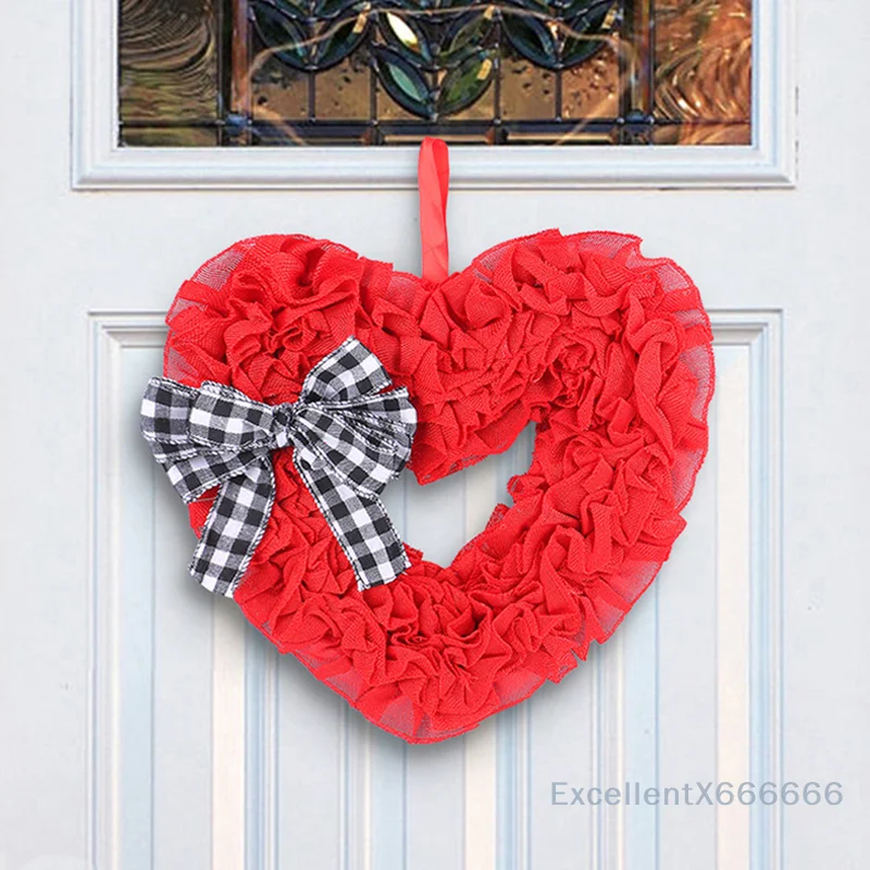 

Artificial Red Heart Shaped Wreath With Hanging Rope Valentine S Day Bow Wreath For Front Door Window