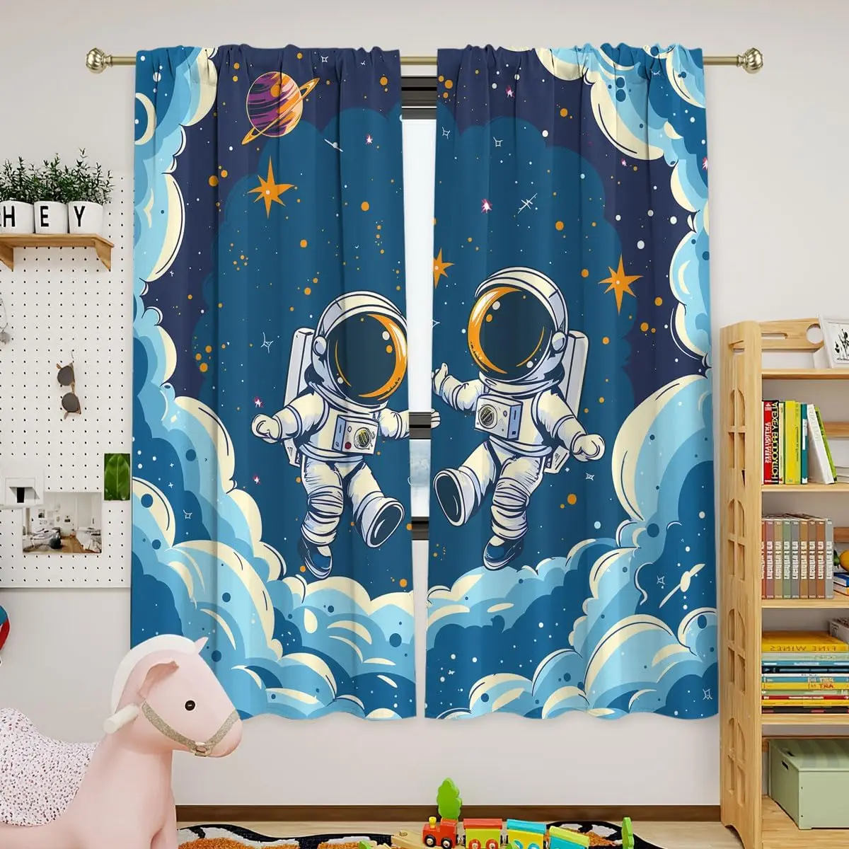 Cute Astronaut Blackout Curtains for Girls Boy Home Decor, Funny Spaceman Space Cartoon Planets Rod Pocket Thermal Insulated