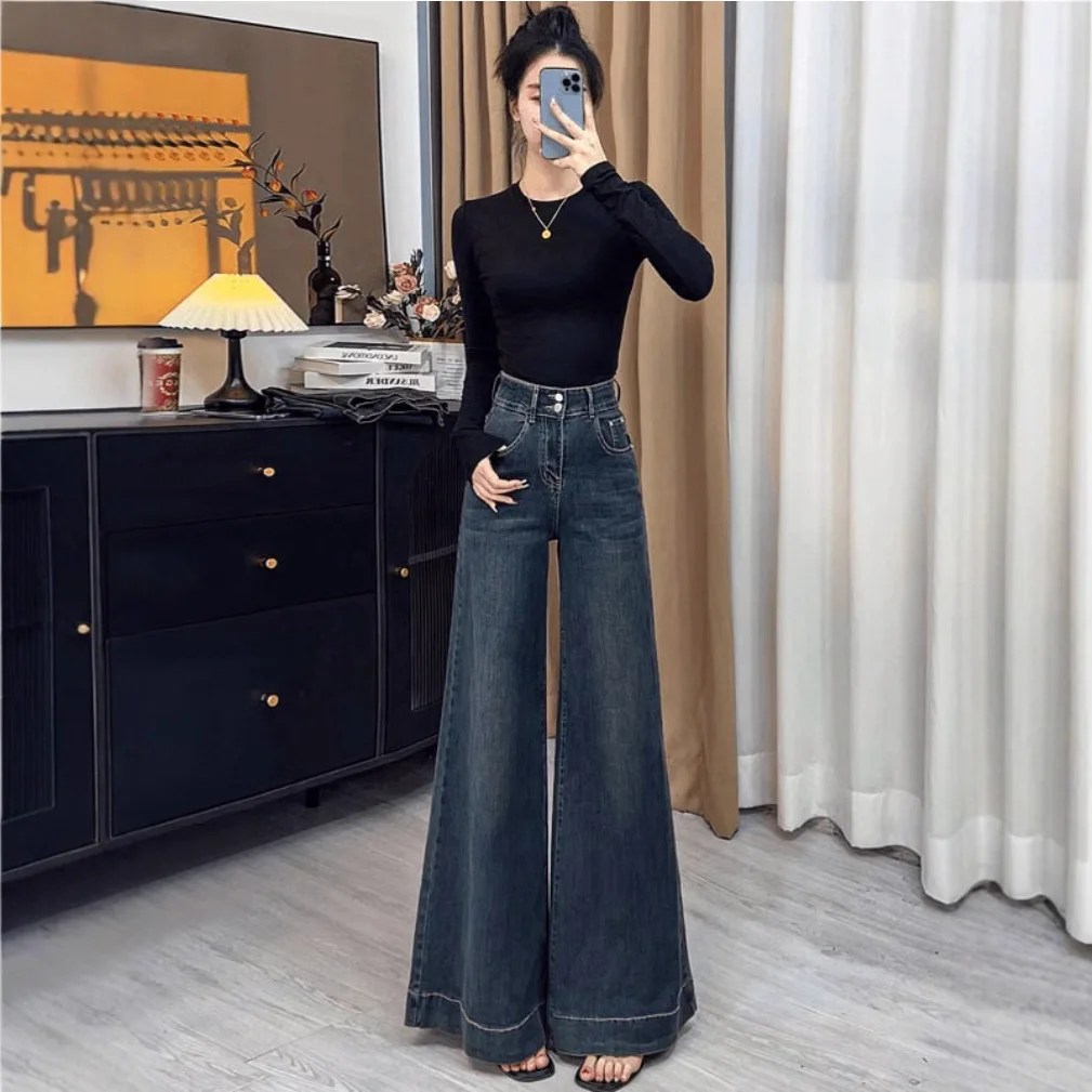 Spice Girl Fashionable Temperament Lazy Wide-leg Jeans Women Small Loose and Thin Straight Pants