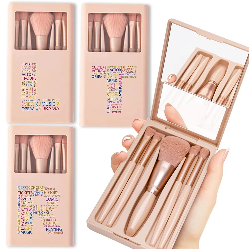 

5Pcs Makeup Brushes Set With Mirror Portable Eyeshadow Cosmetic Brush Organizer Box Travel Kit Beauty Tool Text Letter Pattern