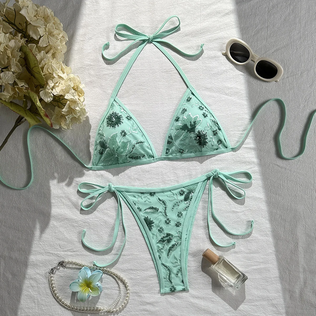 New Sparkling Sequins Halter High Leg Cut Bikini Women Swimwear Female Swimsuit Two-pieces Bikini Set Bather Bathing Suit Swim