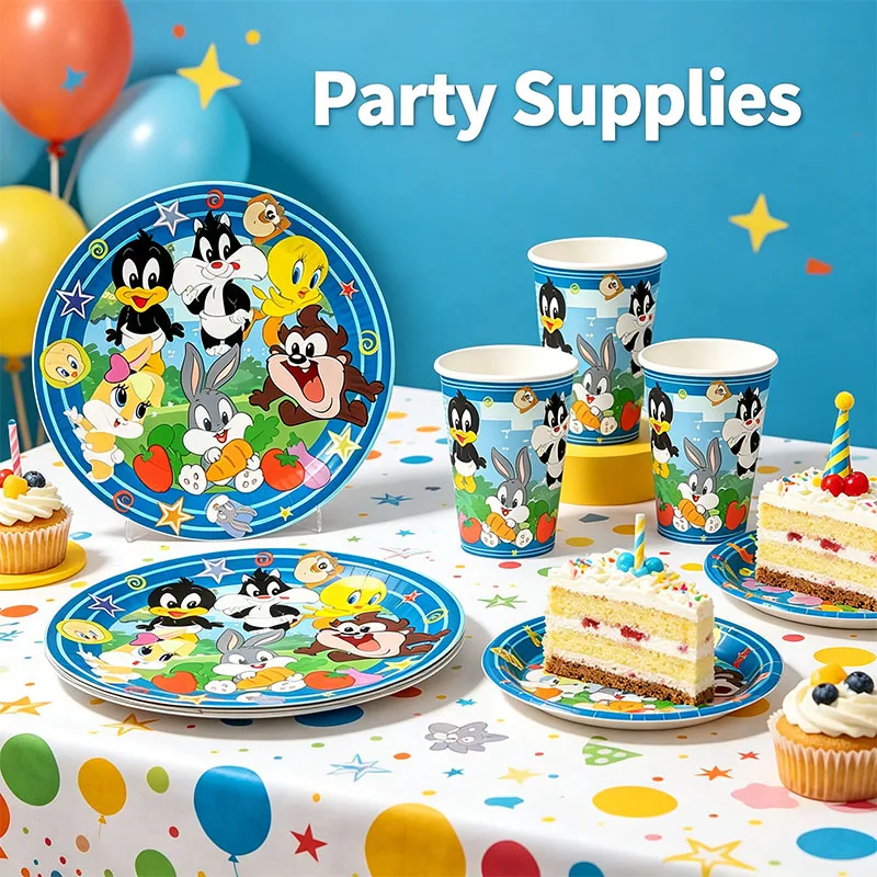 Juego de Platos, Vasos, Pajitas y Decoración para Mesa de Cumpleaños con Temática de Los Dibujos Animados de Warner Bros, Looney Tunes