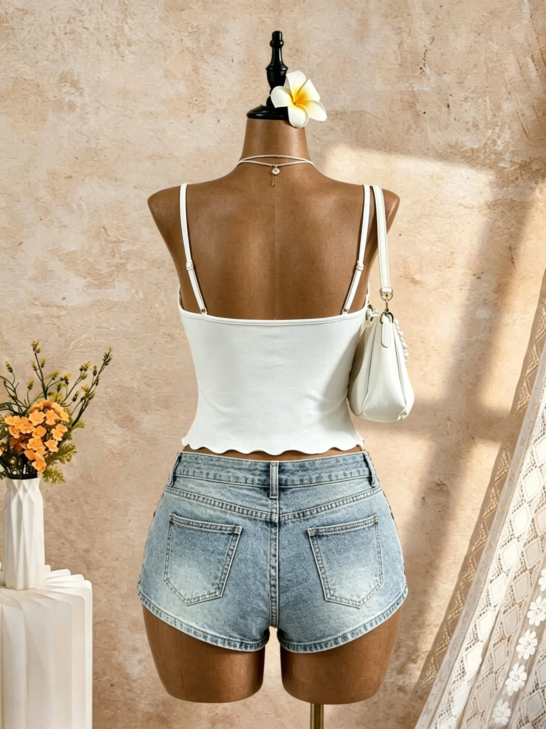 Damen Spaghetti-Träger V-Ausschnitt Twist-Front Cut-Out Rüschen Unregelmäßiger Saum Slim Fit Crop Cami Top 2026 Sommer Y2K Einfarbig Weiß Ärmellos – Detail 12