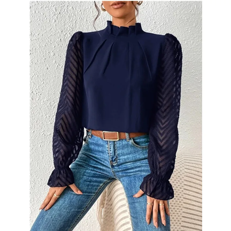 Elegant Women\'s Shirt Office Lady Blouse 2023 Autumn Half High Collar Panel Wave Chiffon Long Sleeve Top Women\'s Shirt S-XXL