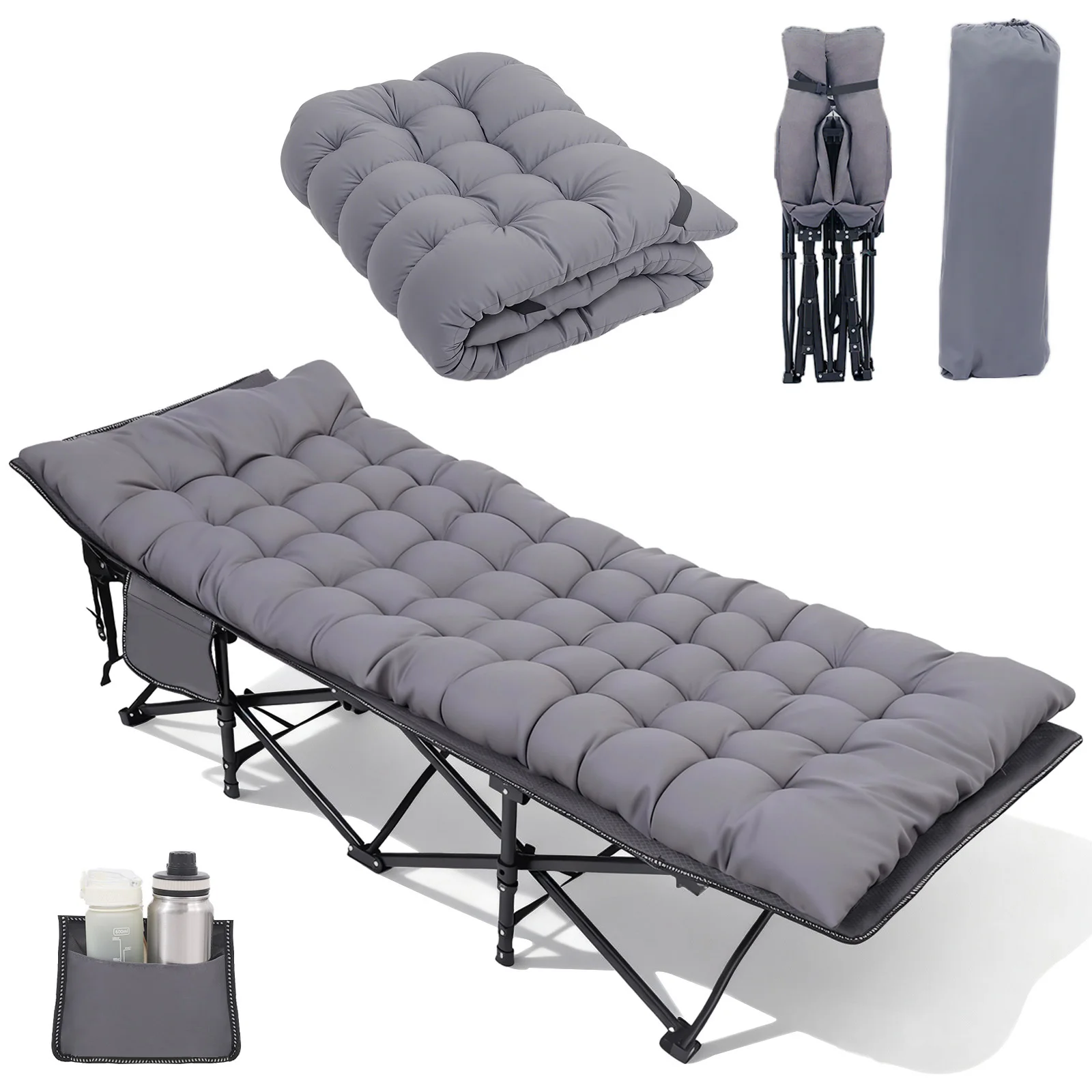 Sekey Lit de camping Lit de terrain pliable Lit d'invité pliable jusqu'à 200 kg Sac latéral Lettinoir de camping portable Jardin extérieur