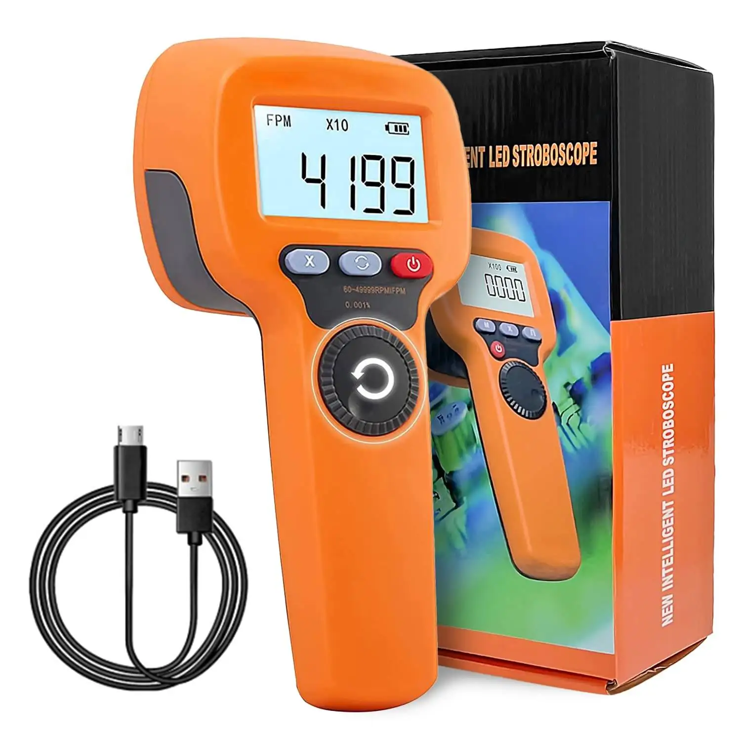 Digital Handheld Stroboscope Measuring 60-49999 RPM Non Contact Strobe Tachometer, High Accuracy 0.001% Rechargeable Tachometer