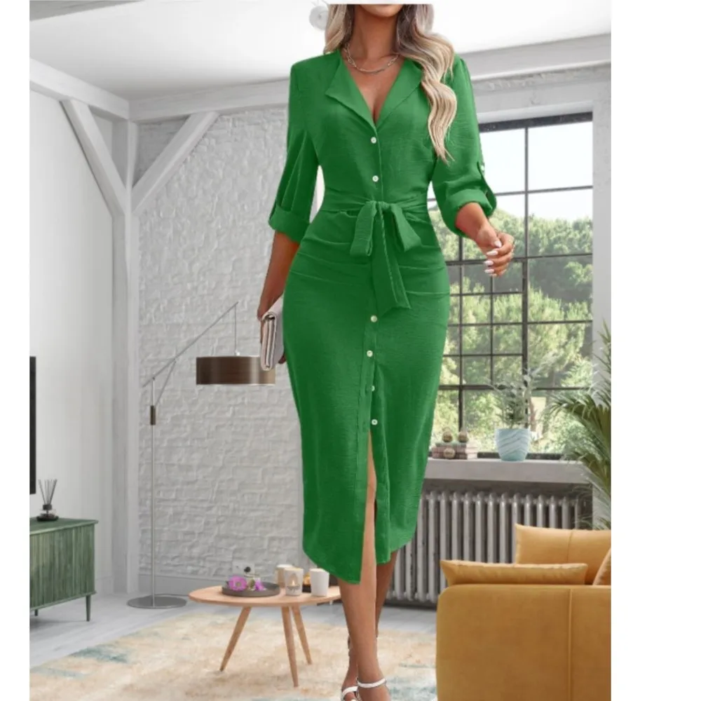 Fashion Sleeve Up Women\'s Waistband Dress Autumn New Solid Color Slim Package hip Elegant Female Single Breasted Shirt Dresses