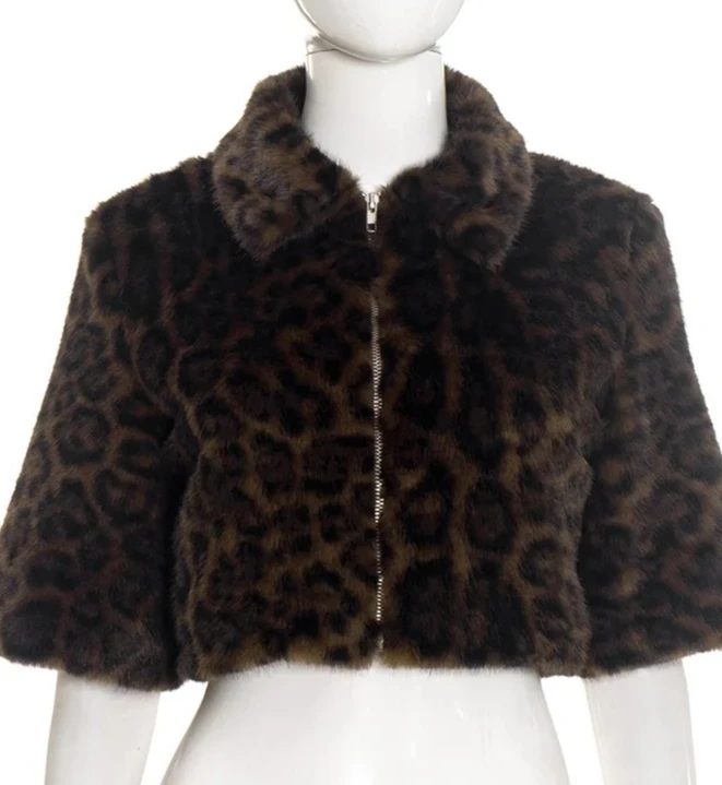 المألوف قصيرة سستة طوق ليوبارد طباعة سترة ألياف البوليستر الشارع نمط الخريف الشتاء جديد وصول المرأة معطف فوقي #6