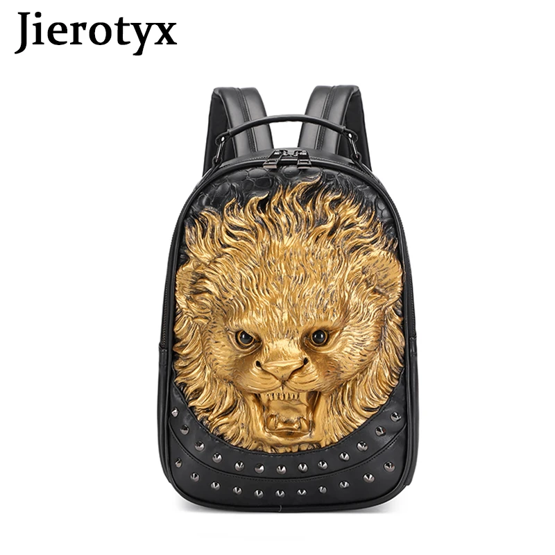 

JIEROTYX Womens Studded Backpack 3D Animal Unisex Lion School Bags College Student Laptop Backpacks Travel Bags Gothic Rivet