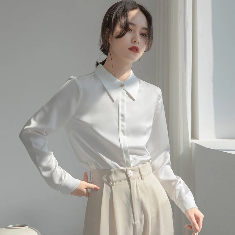 

Elegant Women Shirts Woman White Shirt Long Sleeve Blouse Office Lady Business Shirts Solid Women Work Wear Chiffon Blouses Tops