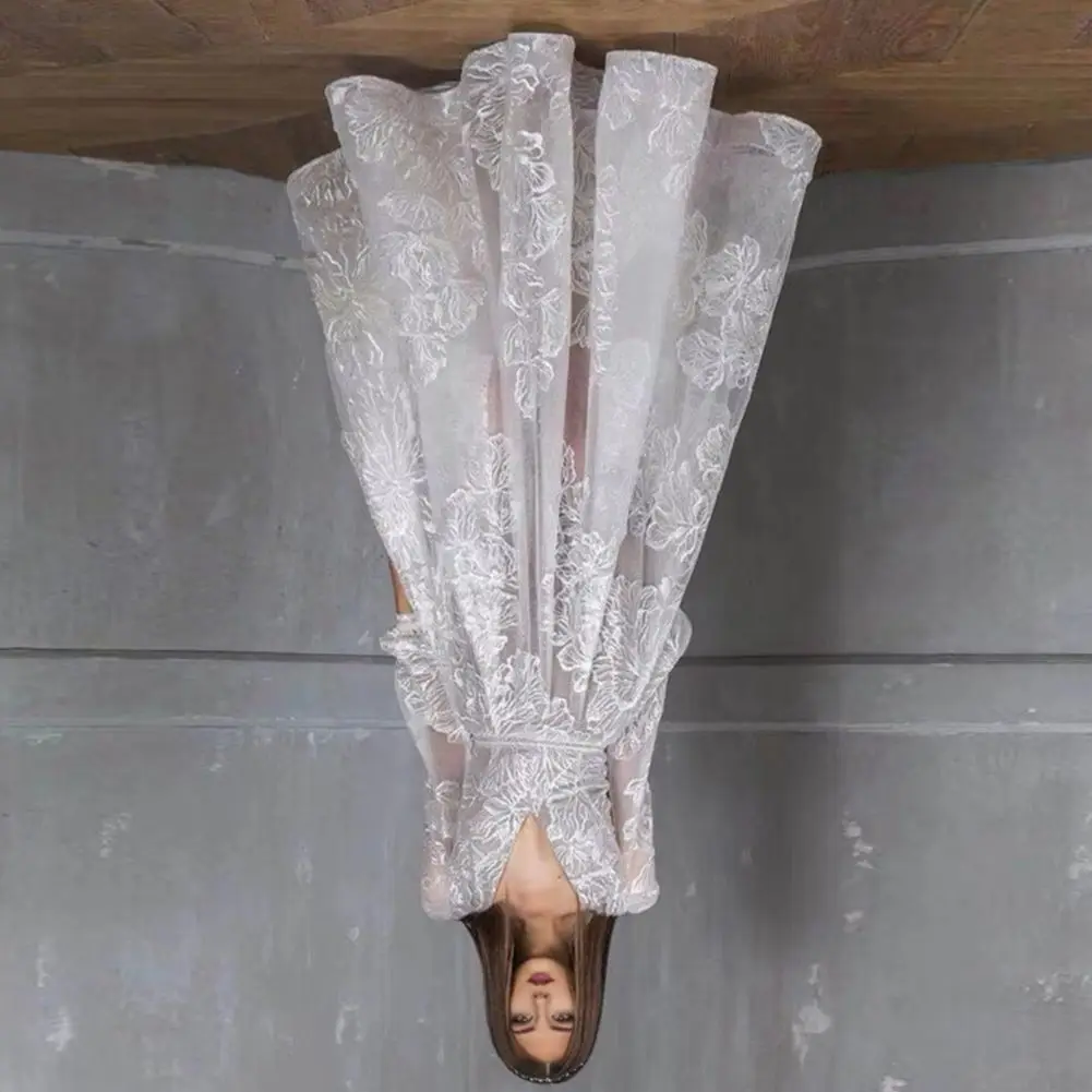 

Women Evening Dress Deep V Neck Lace Floral Embroideried Maxi Dress A-line Big Swing Long Lantern Sleeves High Waist Pleated Bal