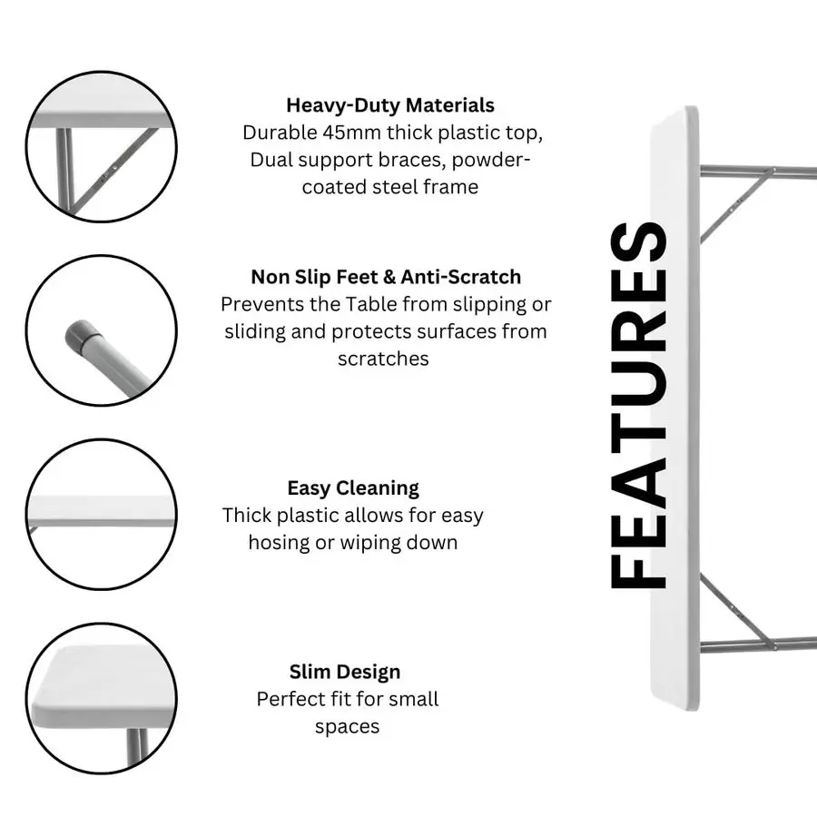 Mesa de Treinamento Dobrável de Plástico Branco de 6 Pés (1,83m) de Comprimento, 18 Polegadas de Largura, 29 Polegadas de Altura, Portátil para Eventos Internos e Externos