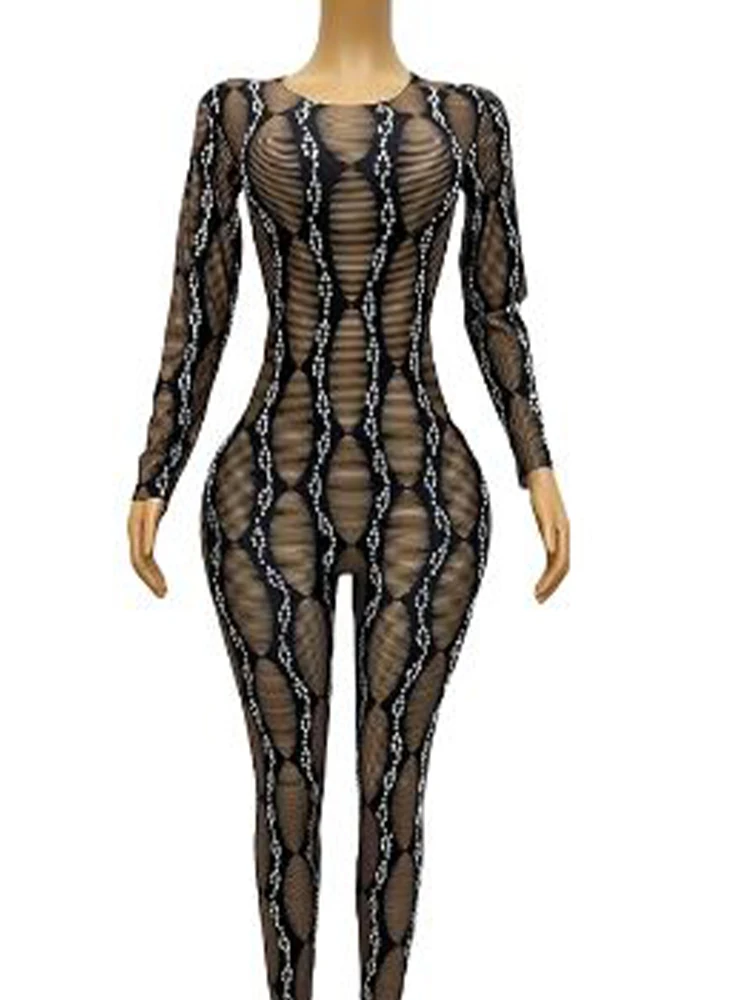 

High Quality Hot Diamond Sexy Pattern Black Texture Elastic Jumpsuit 2024 New Fashion Customized Women'S Clothing