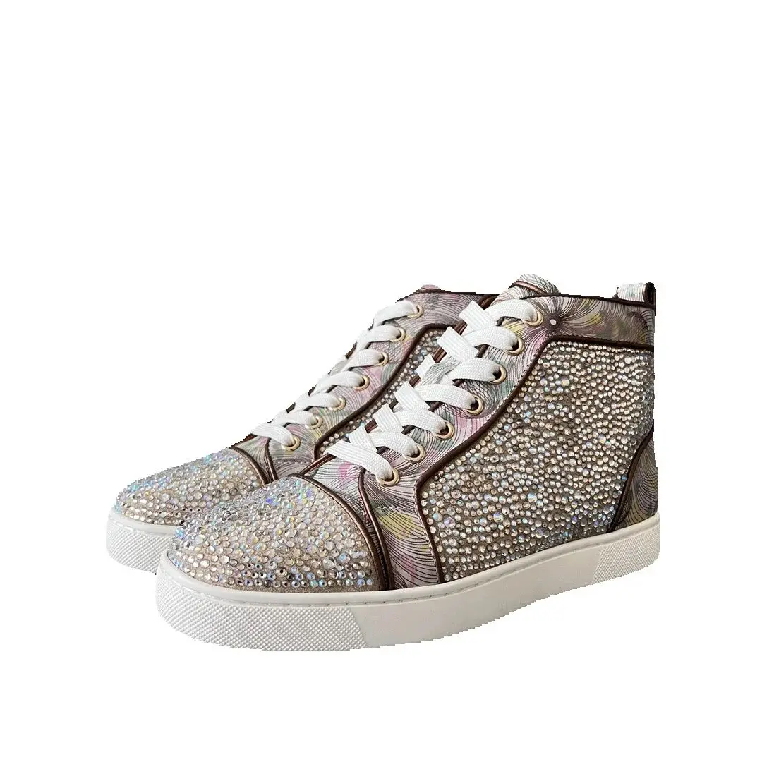 Men's Luxury Rhinestone High Top Sneakers Shiny Crystal Bling Lace Up Casual Shoes Hip Hop Party Lace Up Trainers Plus Size