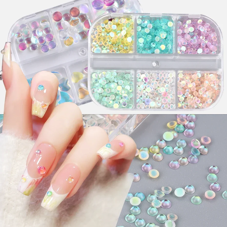 Kawaii Mermaid Rhinestone Nail Charms 3D Resin Heart Nail Rhinestone Jewelry Flatback Round Beads Aurora Manicure Accessories