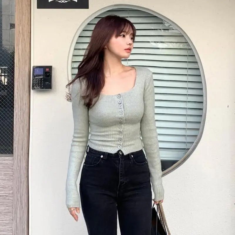 

Осенне-зимний женский облегающий вязаный свитер с квадратным воротником на пуговицах, мягкий и удобный, в корейском стиле