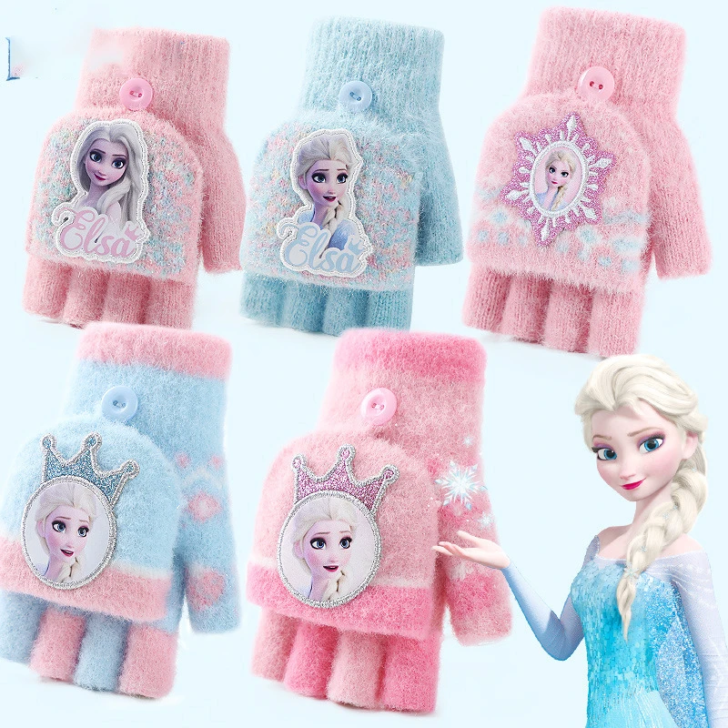 

New Elsa Princess Gloves Cartoon Five-Finger Flip-Top Kids' Gloves Winter Warmth Girls' Cute Gift