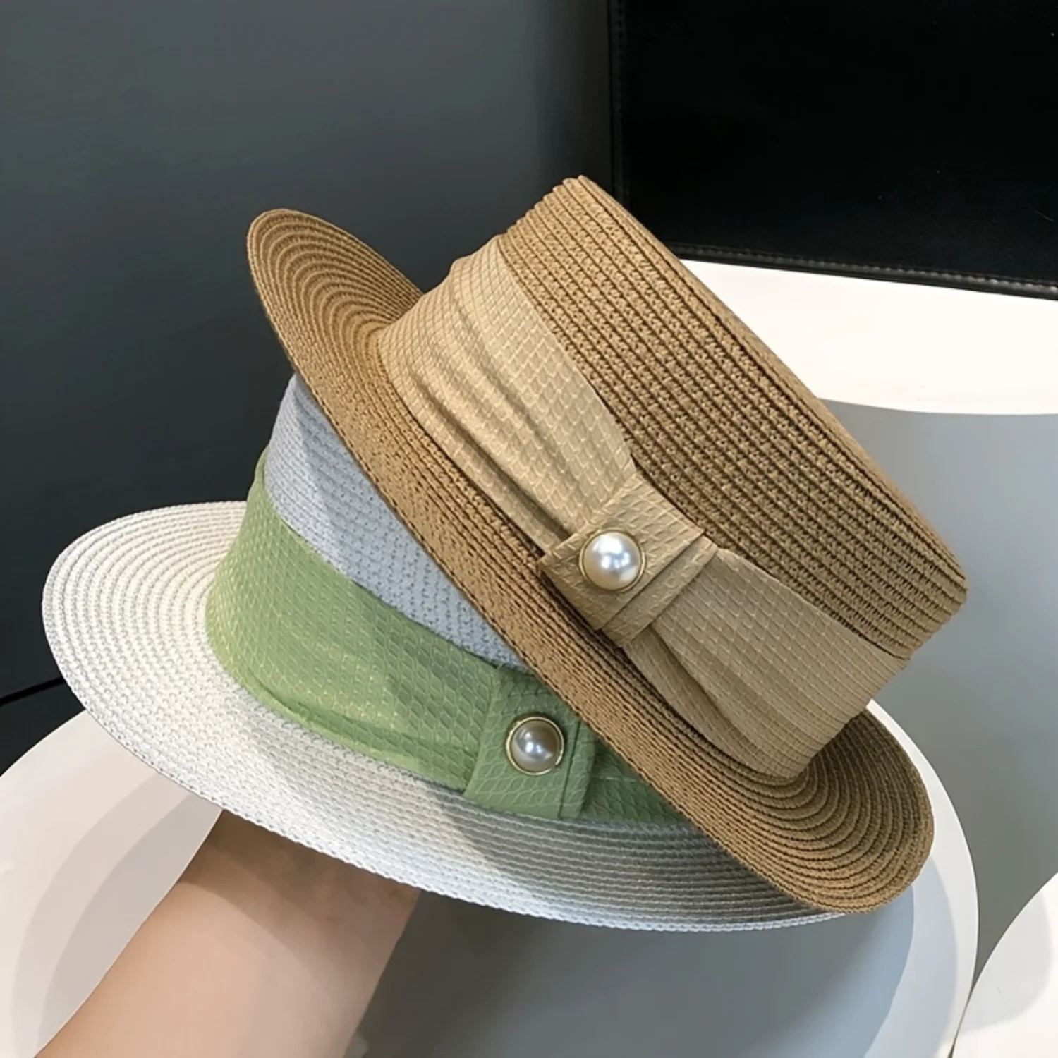 Summer Sun Hat, Casual Anti-UV Flat Top Hat With Faux Pearl Detail, Elegant Stylish Versatile Straw Hat For Ladies, Commuter Sty