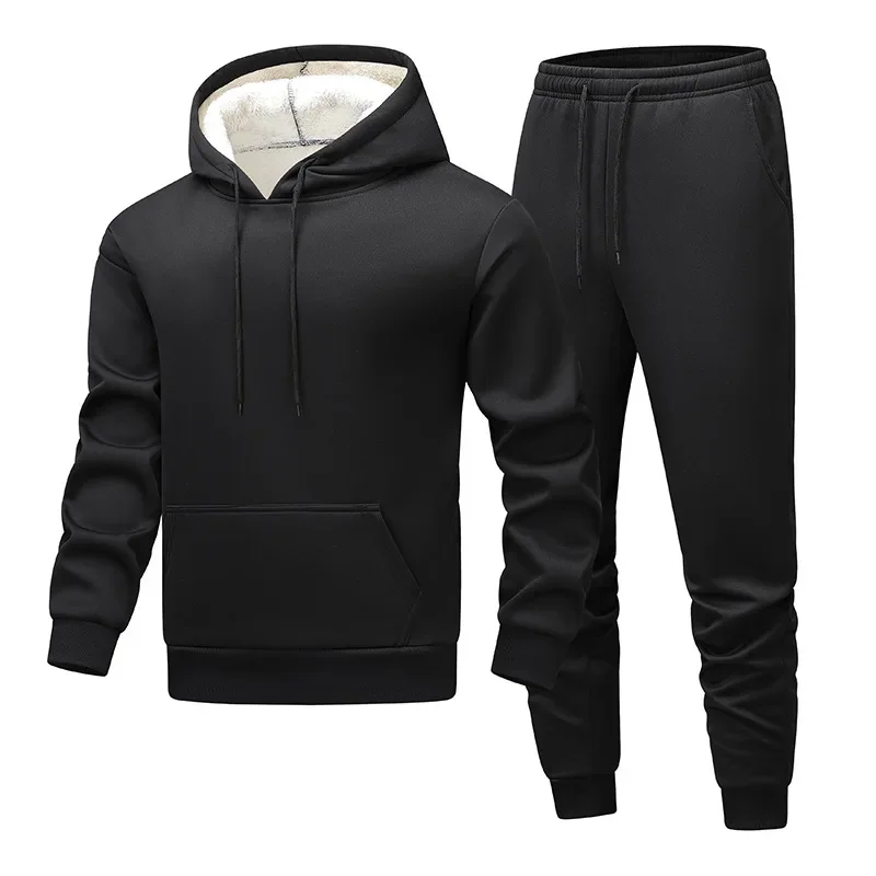 

2025 Men's Winter Wool Hoodie Set Thickened Warm and Anti Cotton Hoodie and Jogging Clothing Sportswear Outdoor Casual Wear