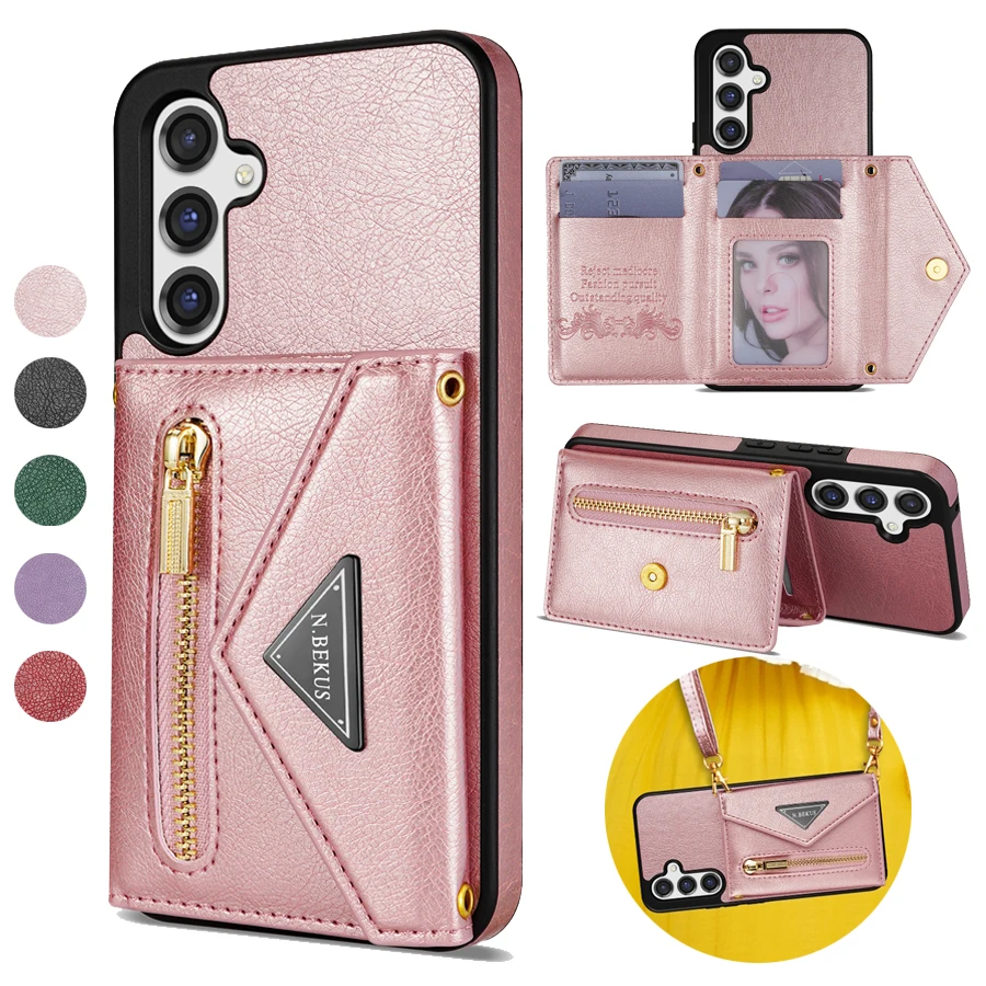 Wallet Side Card Zipper Flip Crossbody Leather Case For Samsung Galaxy S23 Ultra S22 Plus S21 S20 FE A72 A54 A53 A51 A14 A13 A04