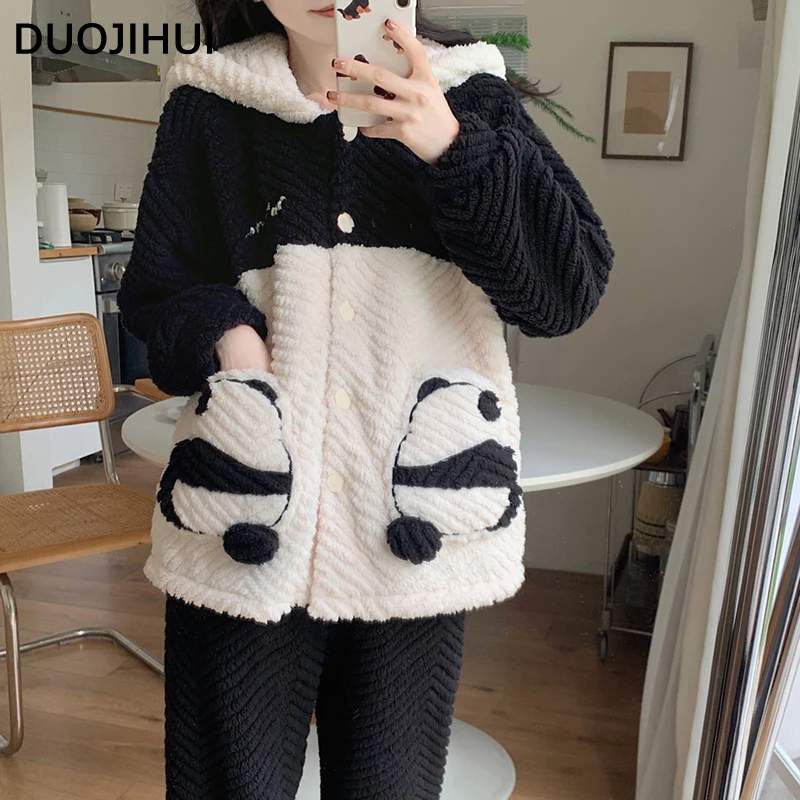 DUOJIHUI Classic Hooded Cute Pajamas for Women Chic Single Breasted Cardigan Loose Casual Pant Fashion Simple Female Pajamas Set